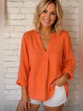 LL BEAN LINEN TUNIC V NECK LONG SLEEVE CORAL ORANGE EASY WEAR SUMMER RESORT XL
